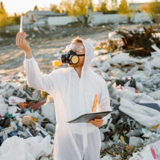 Man in coveralls at trash pill. Doing research. Concept of ecology, environmental pollution.